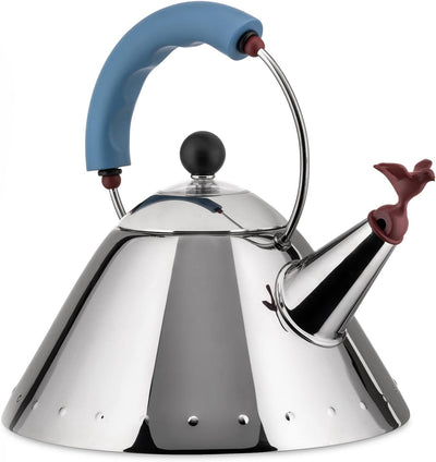 Alessi Wasserkessel aus Edelstahl mit Griff und vogelförmiger Flöte aus PA, hellblau, 4.4 x 25 x 4.4