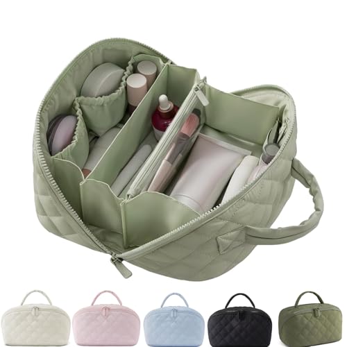 Travel Makeup Bag for Women – Large Capacity Waterproof Puffer Cosmetic Organizer, 180° Lay-Flat Toi