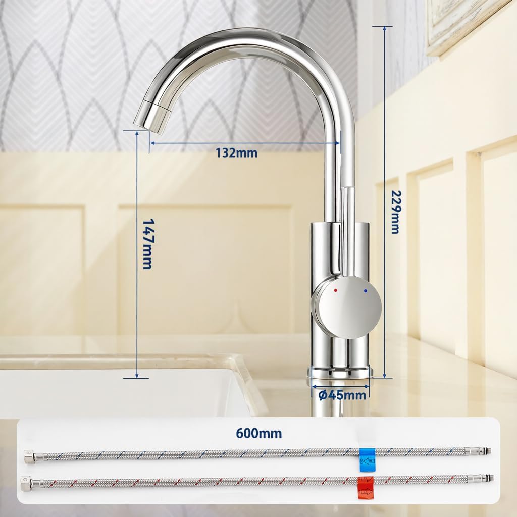 Auralum Wasserhahn Bad 360 grad drehbar, Wasserhahn Bad Hoch Messing chrom, Waschtischarmatur Hoch m