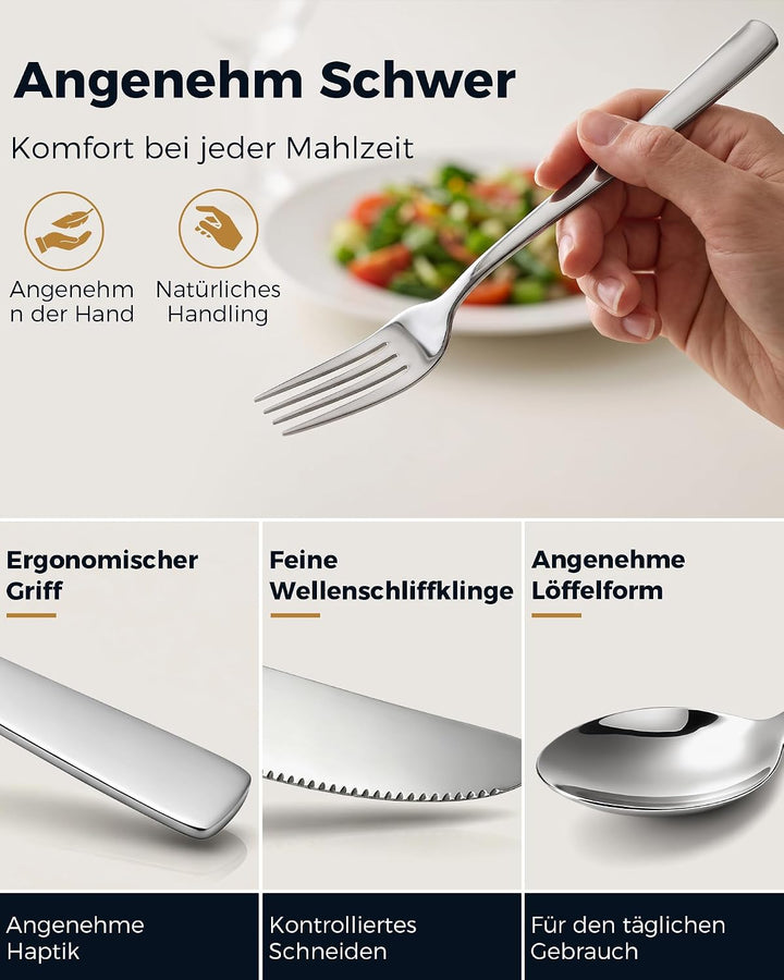 Fire More Edelstahl Besteck Set für 6 Personen, 30-teilig, Spiegelpoliert Silber 30 Teile, Silber 30