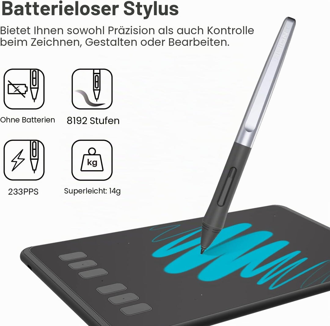 Huion H640P 8192 Drucksensitivität Grafiktablett mit batterielosem Stift und 6 anpassbaren Funktions