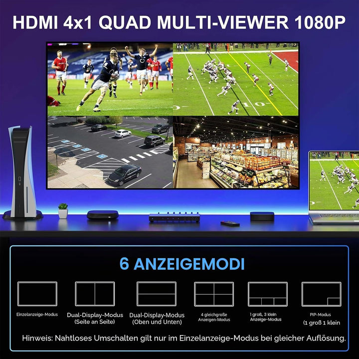 HDMI Multiviewer Switch 4x1 mit Pip, PORTTA Quad Multi Viewer Seamless Switcher 4 in 1 Out mit Tosli