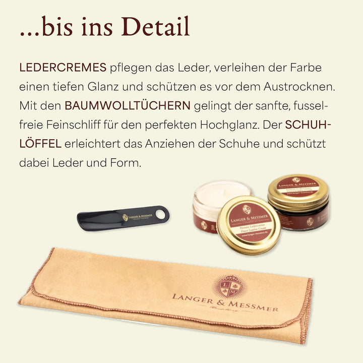 Langer & Messmer Schuhpflegeset inkl. hochwertigen Lederpflegecremes und Rosshaarbürsten zur effekti