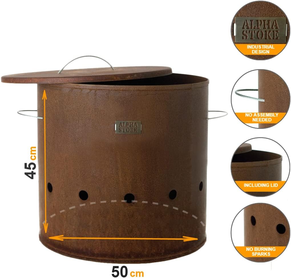 Industrielle Feuertonne - Cortenstahl Und Edelstahl - L / XL - Ideal Für Den Einsatz Im Garten, Balk