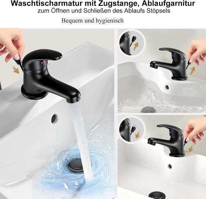 Wasserhahn Bad mit Zugstange Ablaufgarnitur, Mini Einhebel-Waschtischarmatur Schwarz, Einhandmischer
