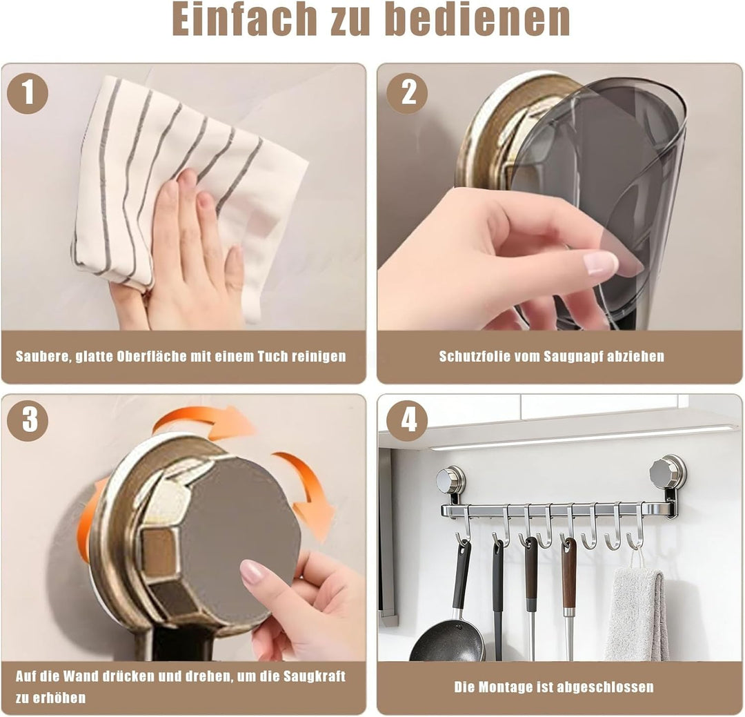 Hakenleiste Küche ohne Bohren mit 8 Haken,Küchenutensilienhalter Saugnapf Montage,45 cm lang,Halter