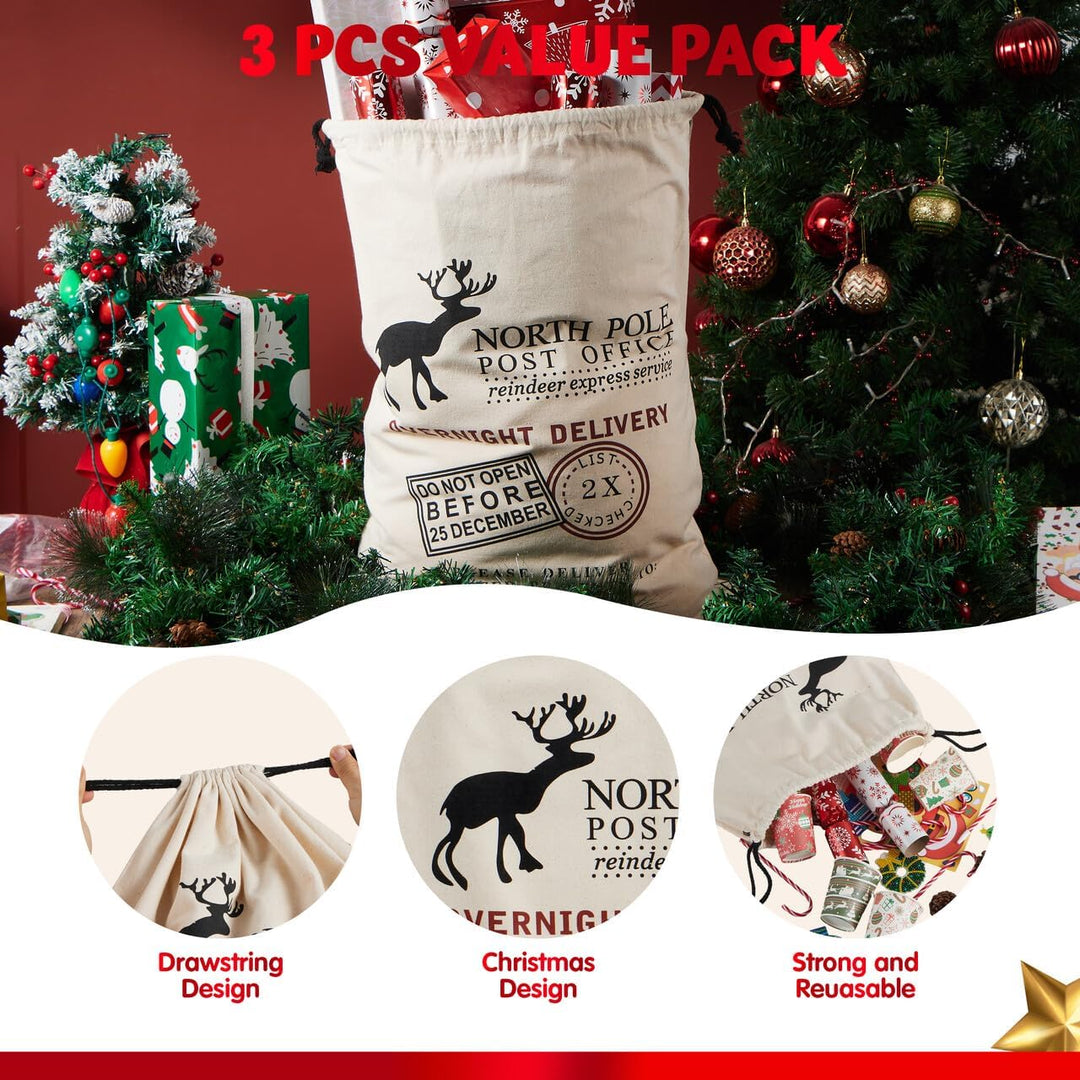 JOYIN (66 x 48cm) 3 Santa Weihnachtssack Weihnachts Geschenk Taschen mit Kordelzug, grosse Nikolauss