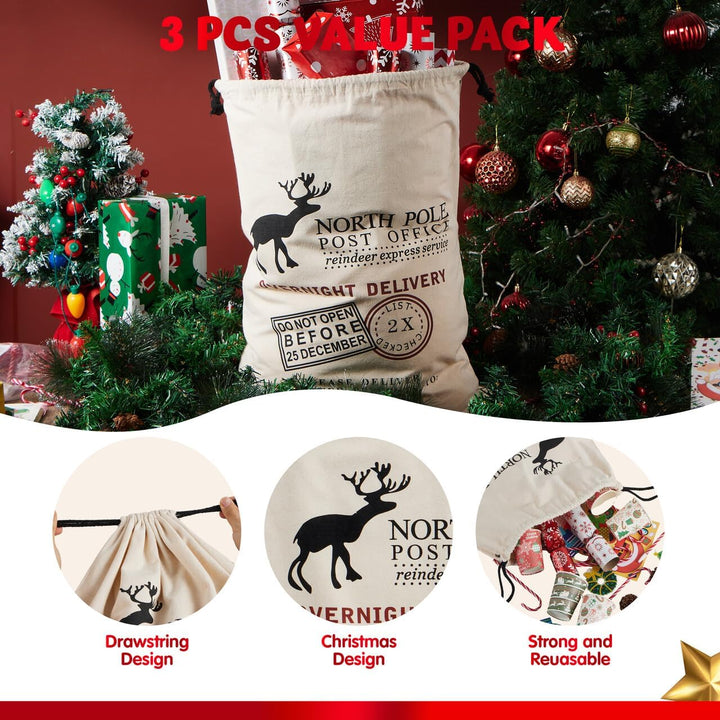 JOYIN (66 x 48cm) 3 Santa Weihnachtssack Weihnachts Geschenk Taschen mit Kordelzug, grosse Nikolauss