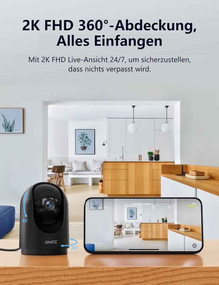 GNCC Überwachungskamera Innen 2K, 360° WLAN Kamera Indoor, Kamera Überwachung Innen mit Automatische