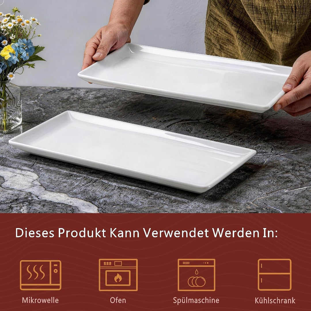 WishDeco Servierplatte Gross 2er Set, Servierteller Porzellan 40x19 cm, Kuchenplatte Rechteckig, Tel