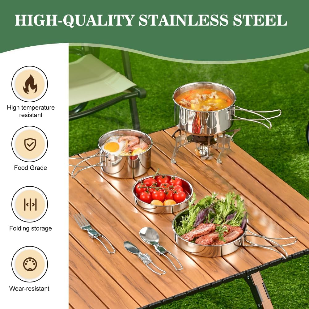 SLTAXAR Camping Kochgeschirr Set Edelstahl Kochtopf mit Pfanne Outdoor Kochgeschirr Picknick Topf 2-