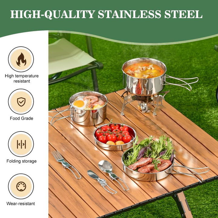 SLTAXAR Camping Kochgeschirr Set Edelstahl Kochtopf mit Pfanne Outdoor Kochgeschirr Picknick Topf 2-