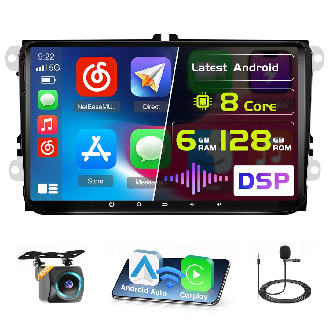 8Core/6+128G Hikity Android 15 Autoradio für VW Golf 5 6 Passat Tiguan Polo Caddy Seat,9 Zoll Touchs