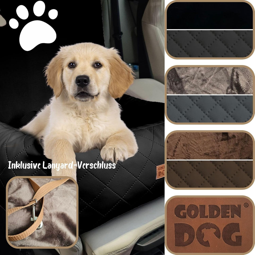 Golden Dog -Transportbox Hund mit Sicherheitsgurt S 58 x 46 cm Leder Imitation Autositz Hund, Wasser
