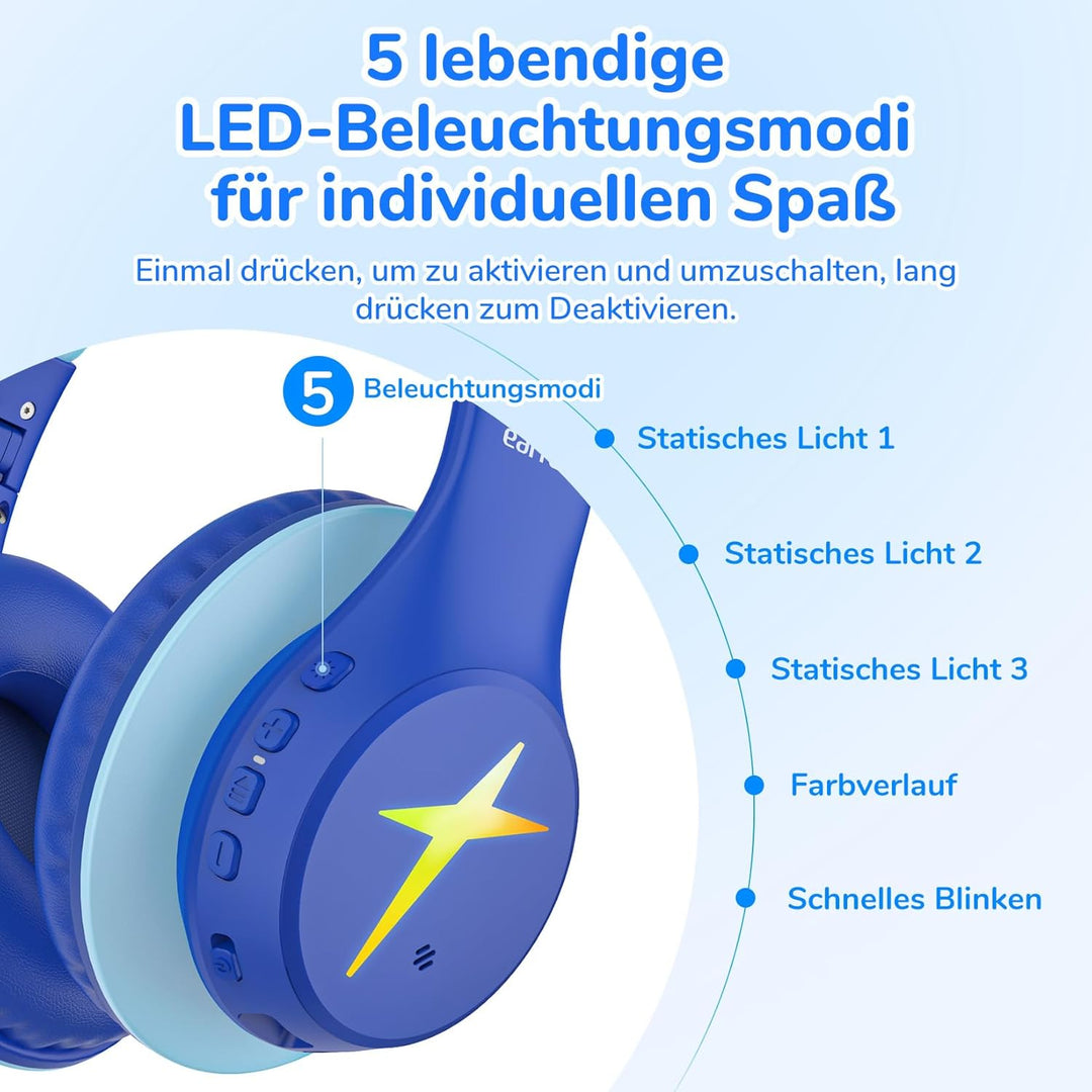 EarFun Bluetooth Kopfhörer Kinder, 5 LED-Beleuchtungsmodi, 74/85/94 dBA Lautstärkebegrenzung, 90 Std