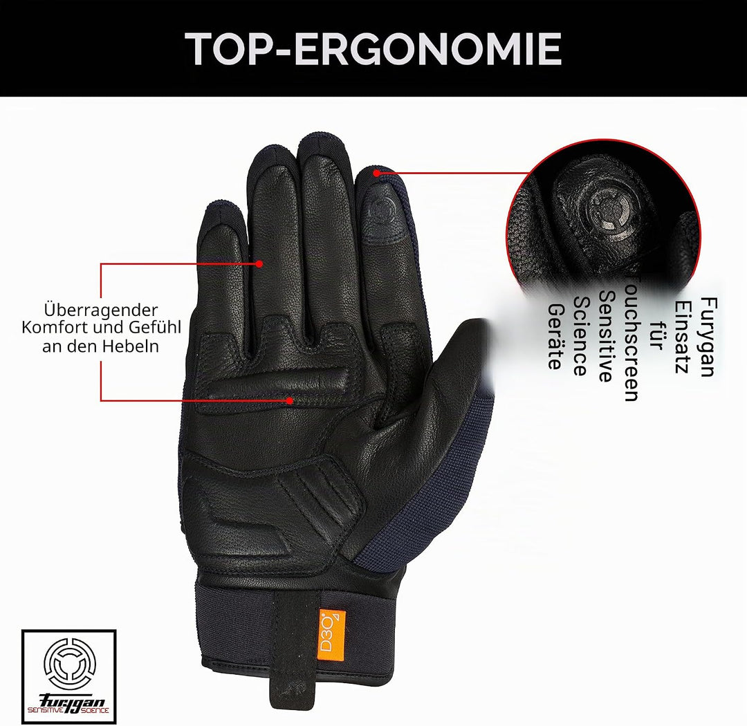 Furygan Jet D3O – Motorradhandschuhe für Herren – Handfläche 100% Leder – Touchscreen – Komfort – So