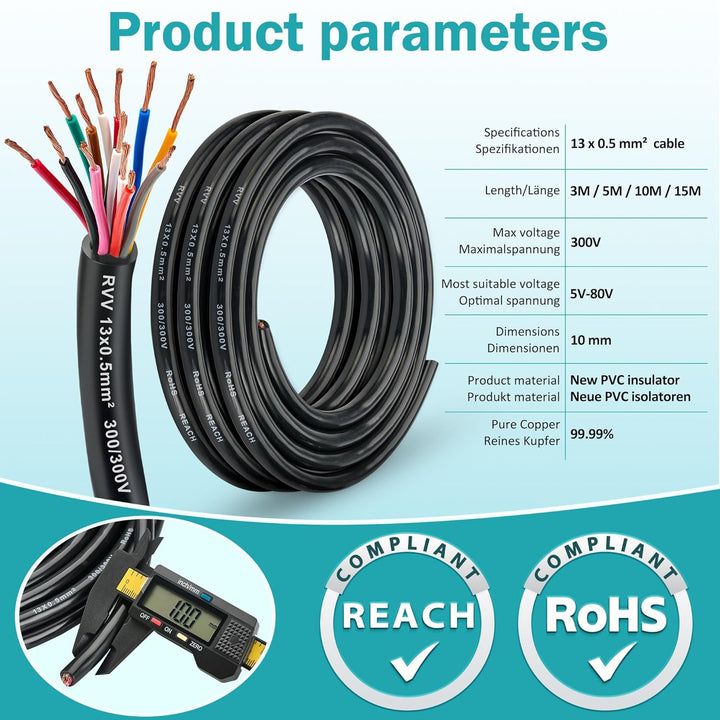 Anhänger Kabel Autokabel 13 Pin, Automotive 13 Core Kabel Fahrzeugleitung 0,5mm², 5M Abschleppkabel