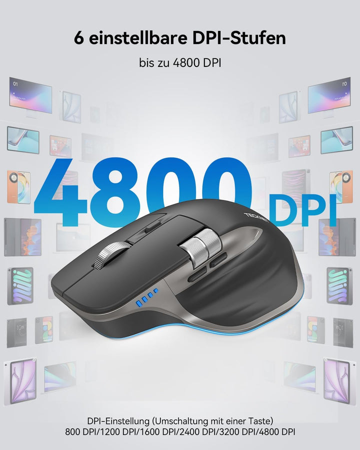 TECKNET Bluetooth kabellose Maus(BT 5.3/5.0+2,4G), Seitliches Mausrad, Superschnelles Scrollen, Wied