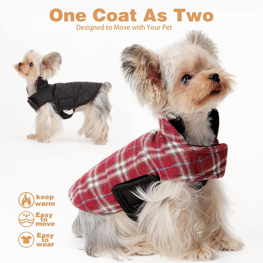 Wendbarer Warmer Hundemantel mit Klettverschlüssen: britischer Stil, Karierte Jacke für den Winter,