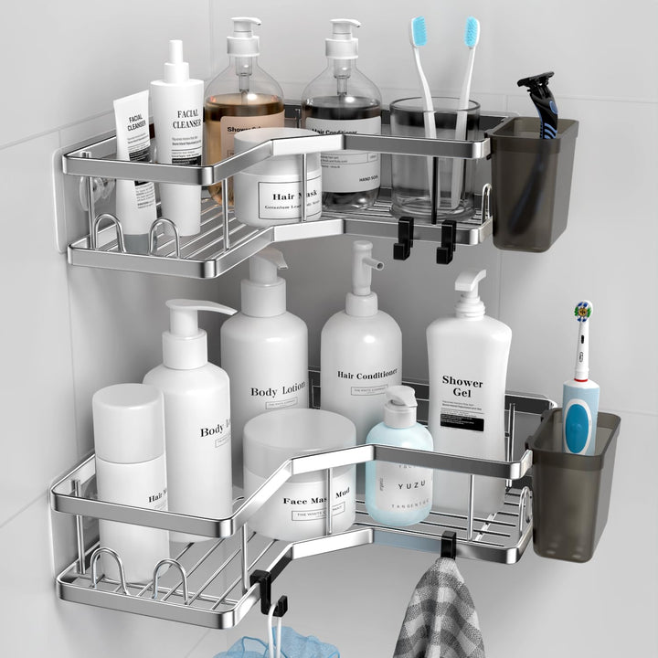 FINIBO Duschablage Ohne Bohren, 2 Stück Selbstklebend Eckregal Badezimmer Organizer, Duschregal Edel