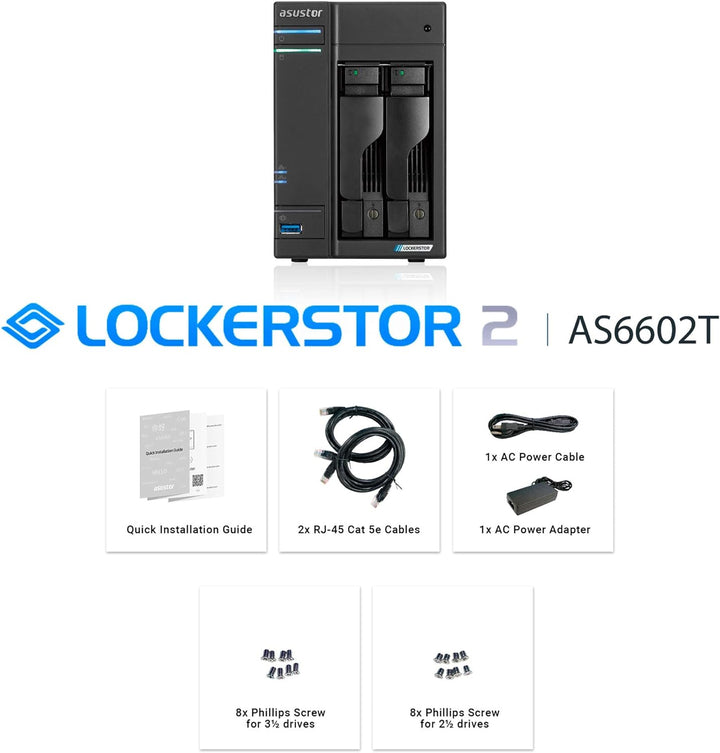 Asustor Lockerstor 2 AS6602T 2 Bay NAS - Netzwerkspeicher Gehäuse, Quad Core 2.0GHz CPU, 4GB RAM DDR