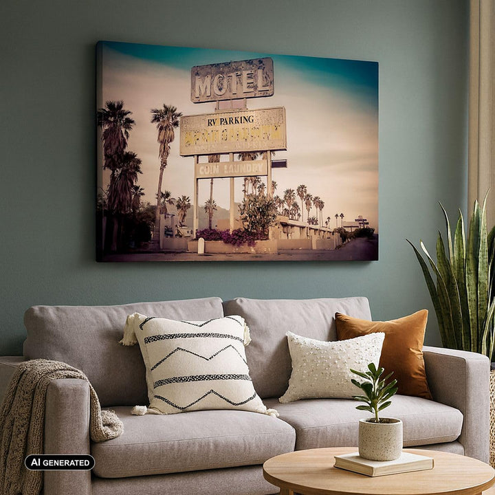 Bilder auf Leinwand 100x70cm Leinwandbild Amerika Motel Strasse Zeichen Gross Wanddeko Bild Schlafzi
