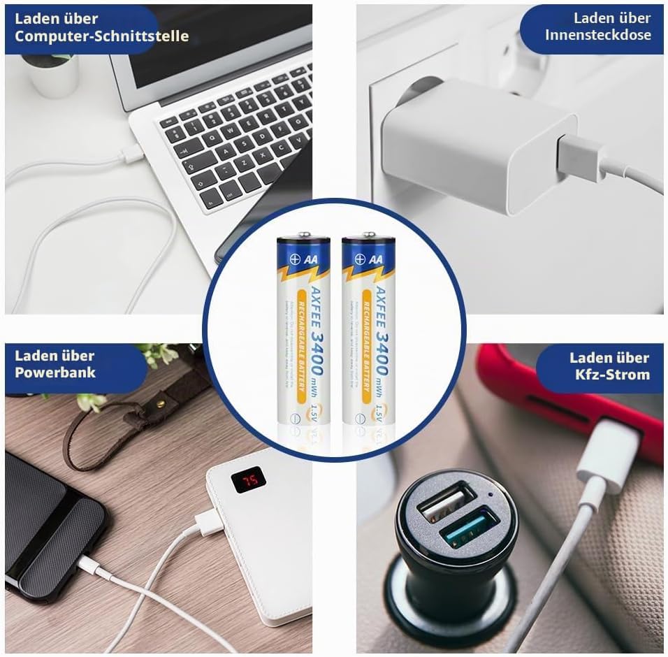 AXFEE Wiederaufladbare Lithium AA Akku, 4 Stück 1.5V 3400mWh USB-C AA Akkus Lithium mit 2-in-1 Ladek
