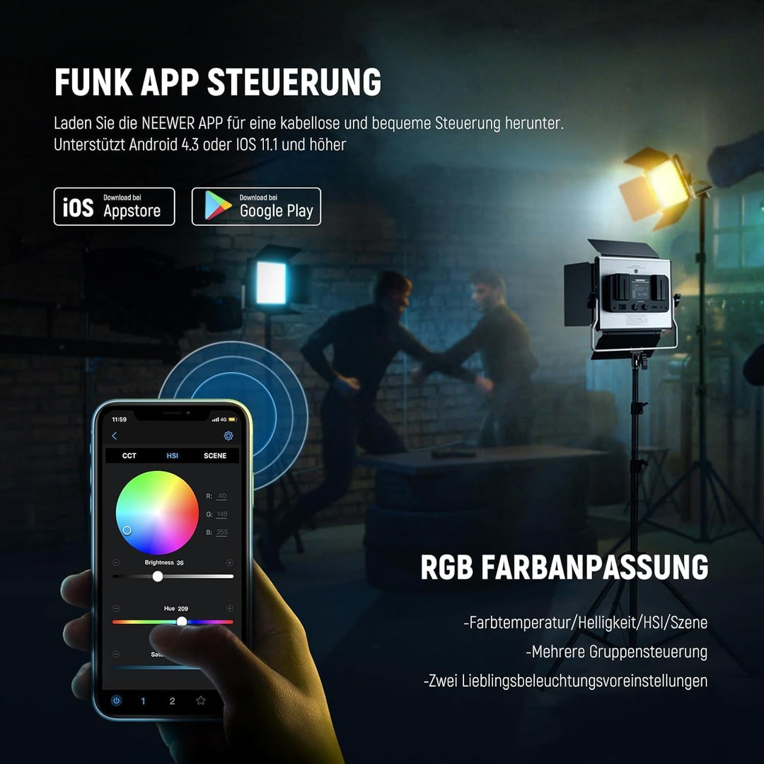 NEEWER 2 x 660 PRO RGB LED Videoleuchte Panel mit Stativ Ständer Set App Steuerung 360° Vollfarbe Vi