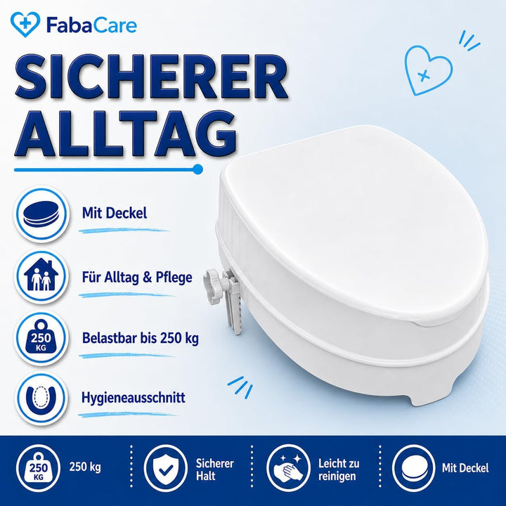 FabaCare Toilettensitzerhöhung Smart, Toilettenaufsatz, WC-Sitz bis 250 kg belastbar, 15 cm mit Deck