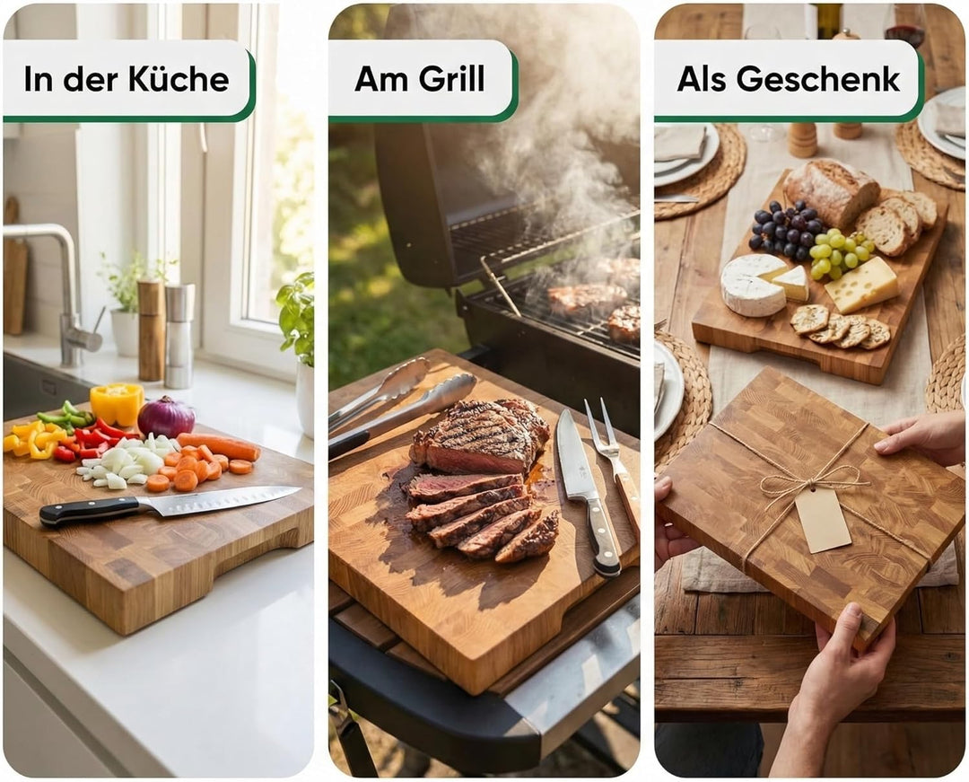 B4K® Küchenbrett aus Eiche Stirnholz | Antibakterielles Hirnholzbrett mit Griffen, Silikonfüssen und