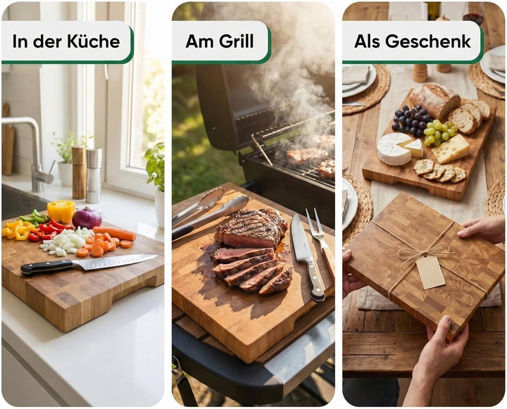 B4K® Küchenbrett aus Eiche Stirnholz | Antibakterielles Hirnholzbrett mit Griffen, Silikonfüssen und