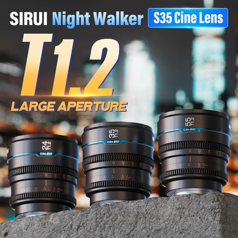 SIRUI Night Walker T1.2 S35 Cine Objektiv-Set, 24 mm, 35 mm, 55 mm, grosse Blende, manueller Fokus (