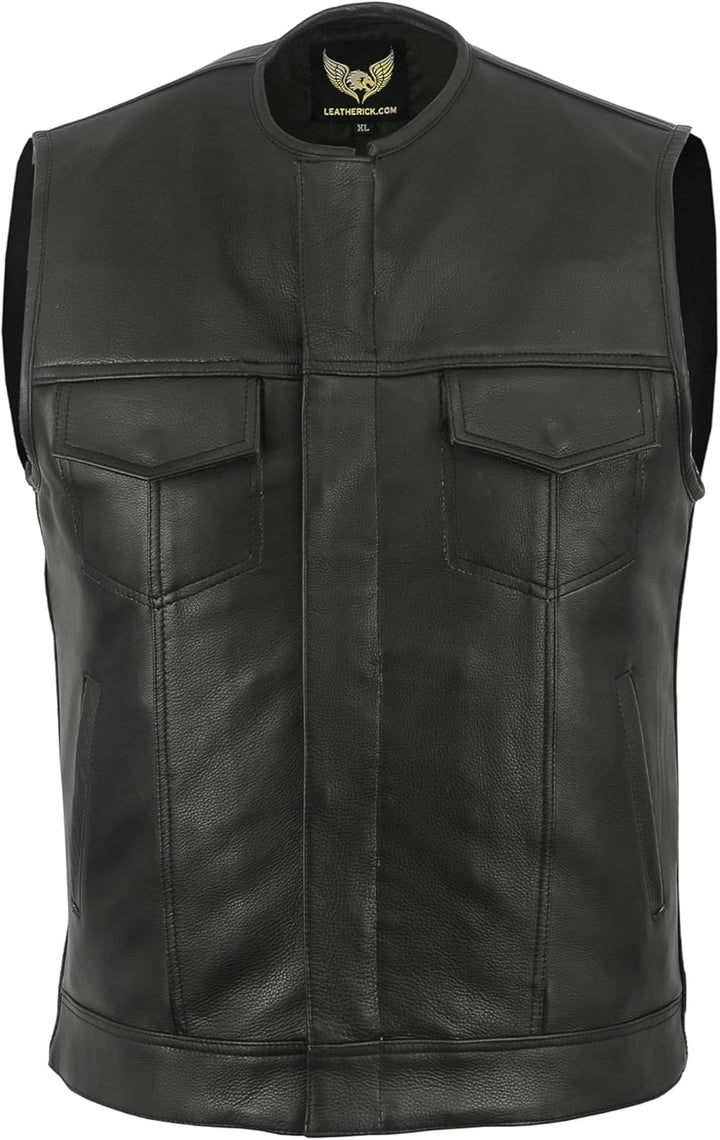 Leatherick Herren Sons of Anarchy Collarless Echtes Echtes Leder Biker Weste Schwarz 46 Schwarz, 46