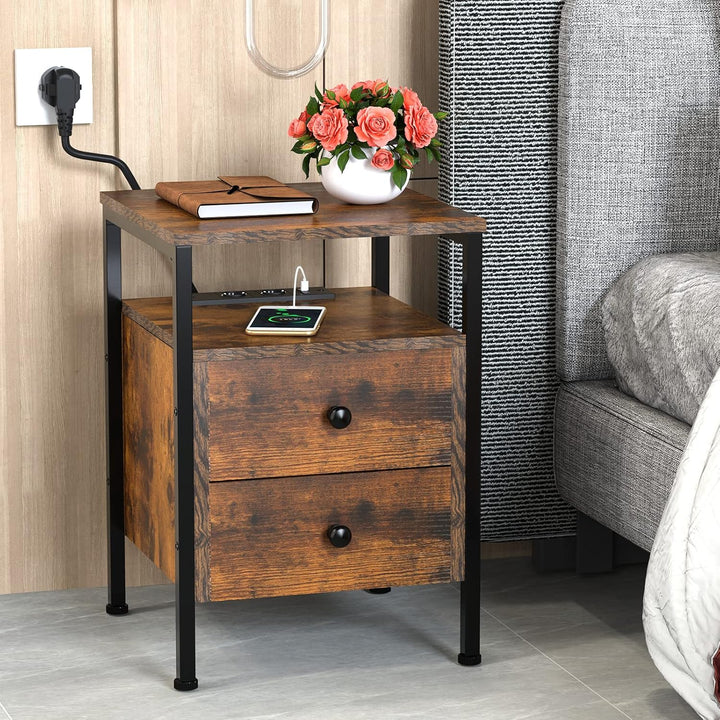 PIPIPOXER Nachttisch mit Steckdose, Nachttisch mit USB Anschlüssen und Steckdosen, Flip Top Beistell