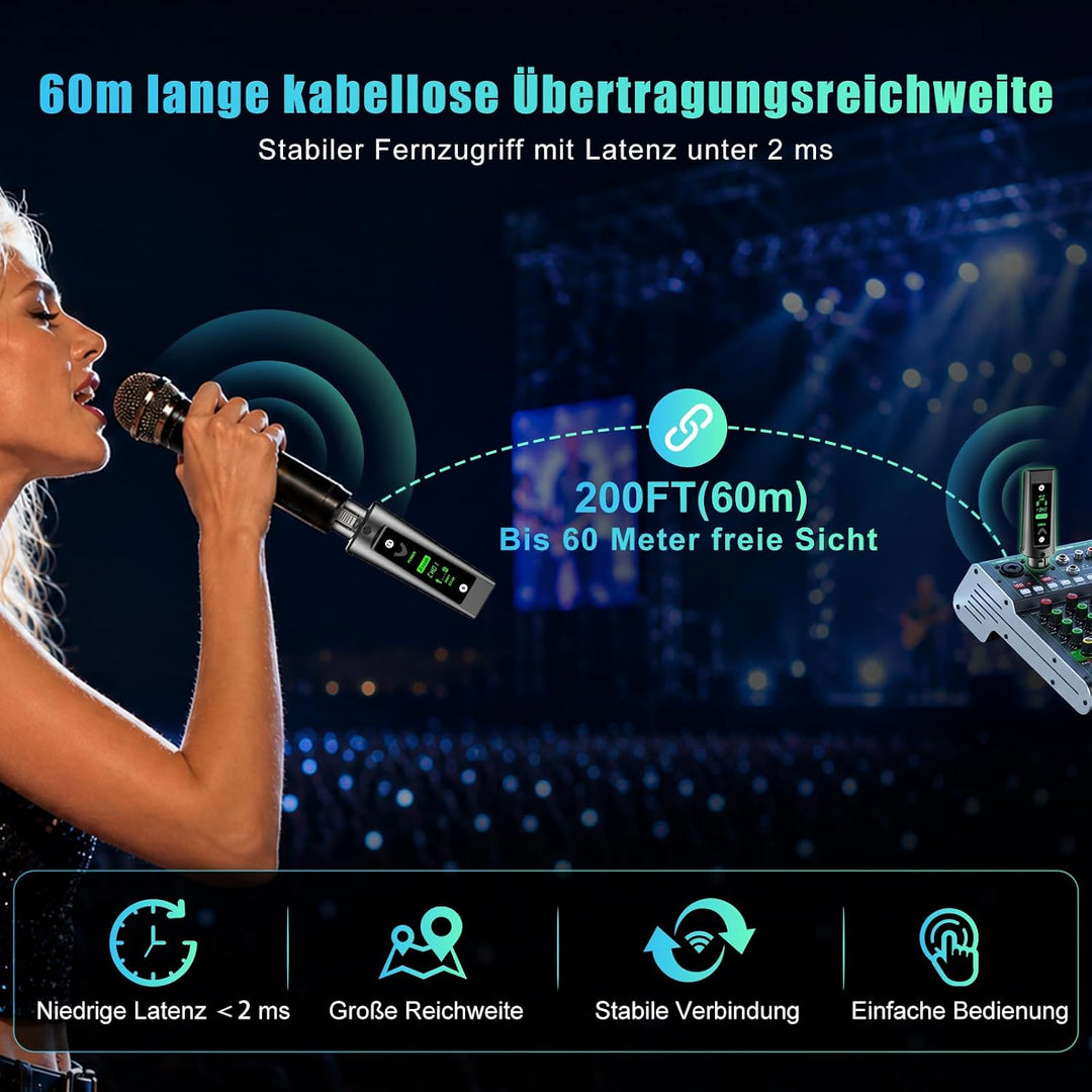 Aveek Kabelloses XLR-Sender/Empfänger für dynamisches Mikro,60 m Reichweite |, Empfänger +2 Sender