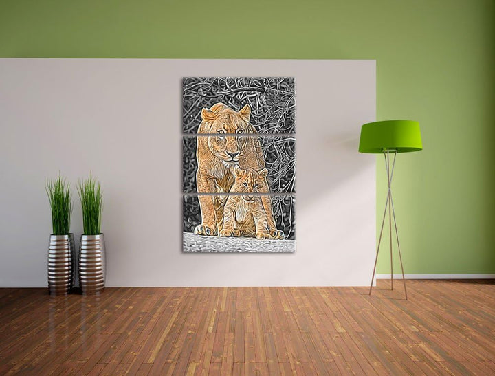 schöne Löwin mit süssem Jungtier schwarz/weiss Deluxe 3-Teiler Leinwandbild 120x80 Bild auf Leinwand