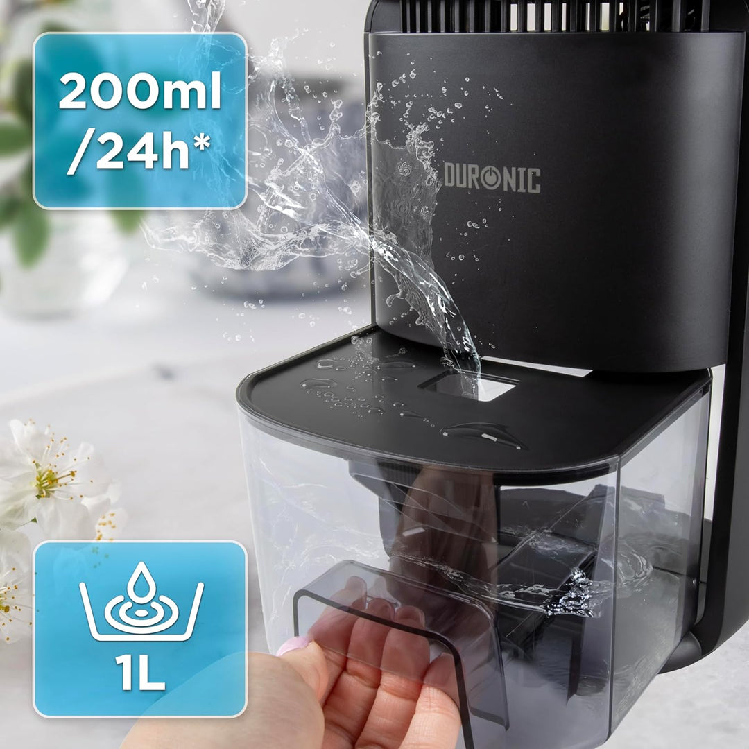 Duronic DH07 BK Luftentfeuchter, kompakter Entfeuchter mit 1l Wassertank | Elektrischer Raumentfeuch