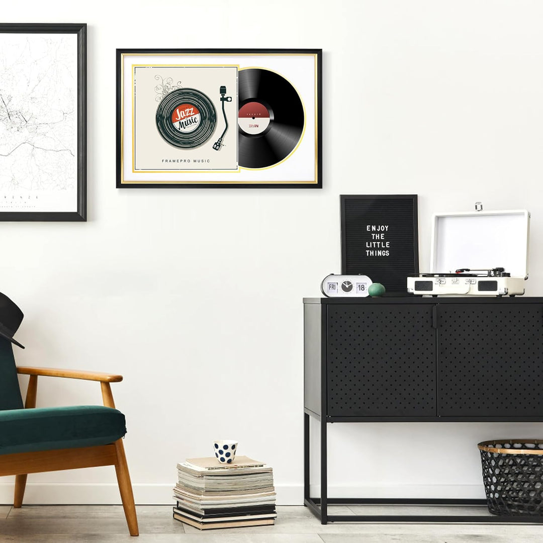 FramePro Schallplattenrahmen mit 2 doppelseitigen Matten (Weiss über Gold), Jukebox Schallplattenrah