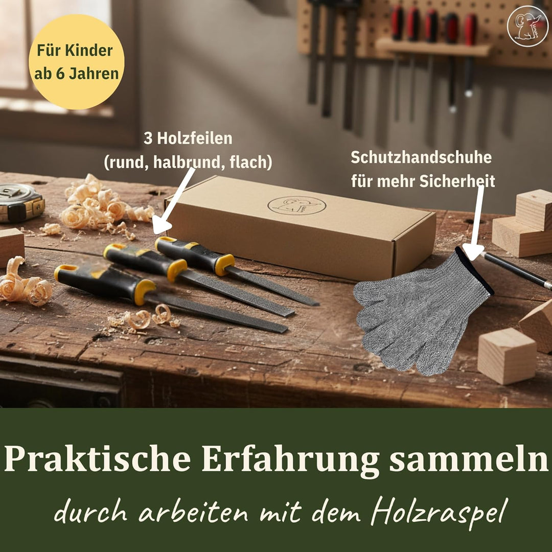 Eli® 3 Holzfeilen Set + Hammer für Kinder inkl Schutzhandschuhe - Holzraspel - Werkzeuge für Holz -