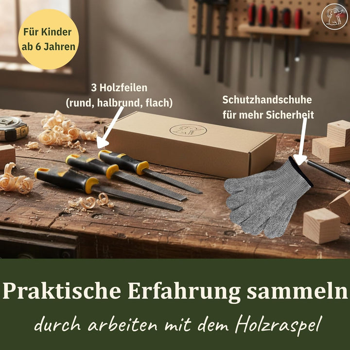 Eli® 3 Holzfeilen Set + Hammer für Kinder inkl Schutzhandschuhe - Holzraspel - Werkzeuge für Holz -
