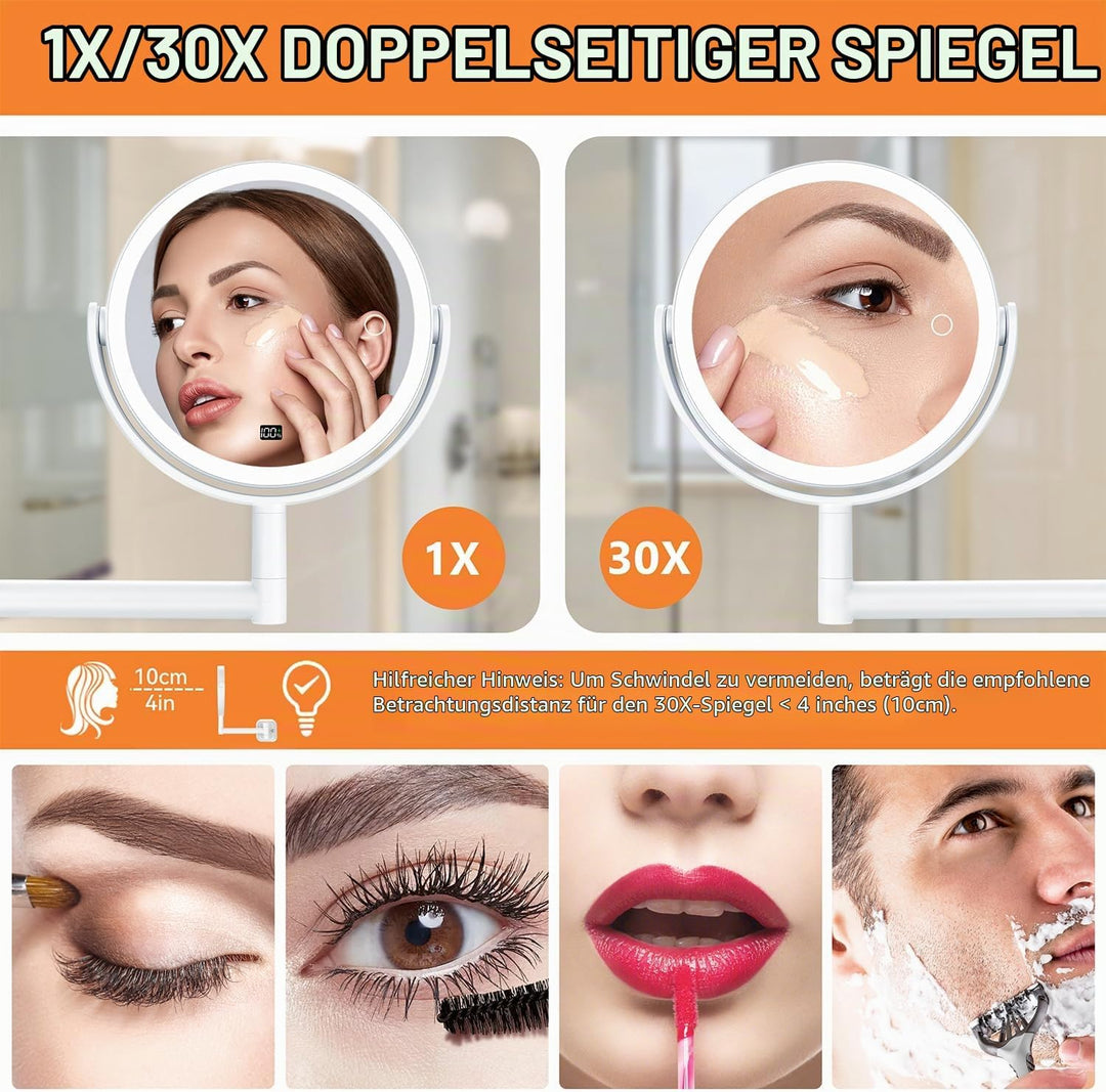 Auxmir Kosmetikspiegel ohne Bohren mit 1X/30X Vergrösserung, LED Beleuchtung Dimmbarer Schminkspiege