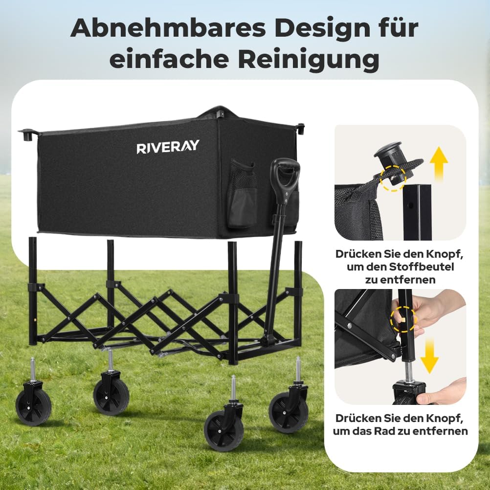 Bollerwagen Faltbar 120L 120KG, Klappbarer Bollerwagen mit Abnehmbarer Stofftasche Verstellbarem Gri