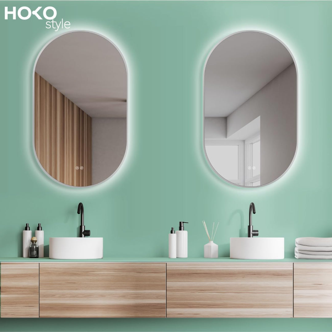 HOKO Design LED Anti-Fog Spiegel oval 45x75 cm / 75x45 cm Casoria+ Metall Rahmen Weiss. HOCH+QUER Mo