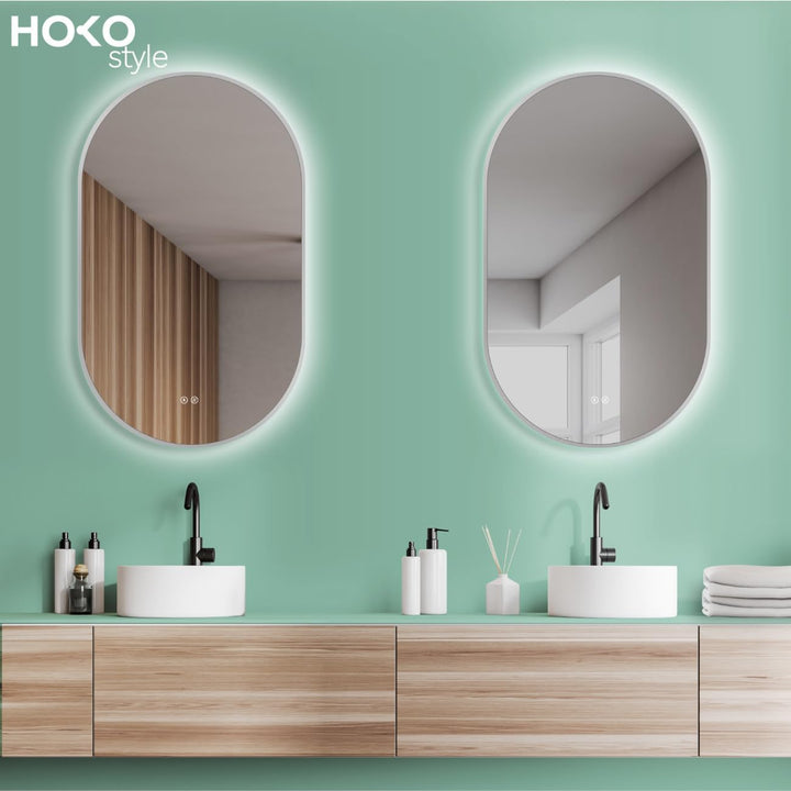 HOKO Design LED Anti-Fog Spiegel oval 60x100 cm / 100x60 cm Savona+ Metall Rahmen Weiss. HOCH+QUER M