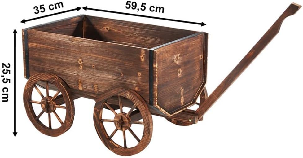 Kobolo Holzwagen Jakob | 69x40x70 cm | braun | rustikaler Pflanzwagen aus Tannenholz mit Griff & Räd
