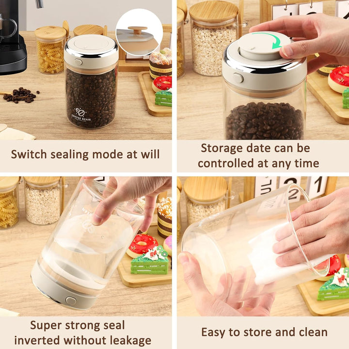 Kaffeedose Luftdicht, 1100ml Vakuum Kaffeebehälter aus Hochwertigem Glas für Kaffeebohnen, Pulver, T