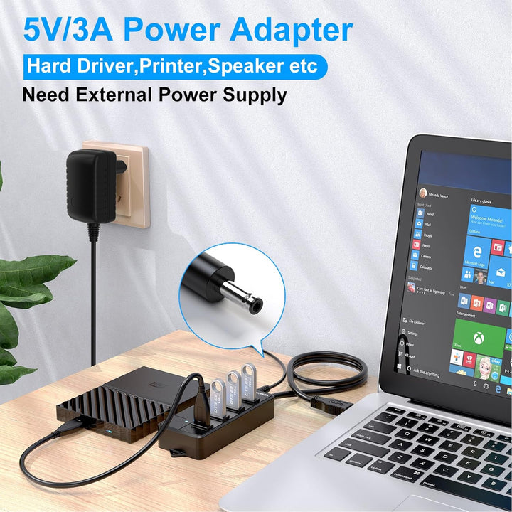 USB Hub mit Netzteil,VEMONT 4 Ports USB3.0 Hub USB Verteiler Aktiv Adapter und Einzelne EIN/Aus-Scha