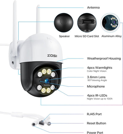 ZOSI 3MP 2K Pan/Tilt Überwachungskamera Aussen WLAN, 355°/140° Schwenkbar WiFi IP Kamera mit Plug-in