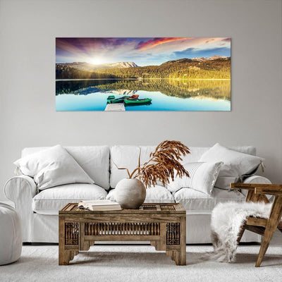 Wandbilder Dekoration Wohnzimmer See Berge Wasser Panorama Bilder auf Leinwand 120x50cm Leinwandbild