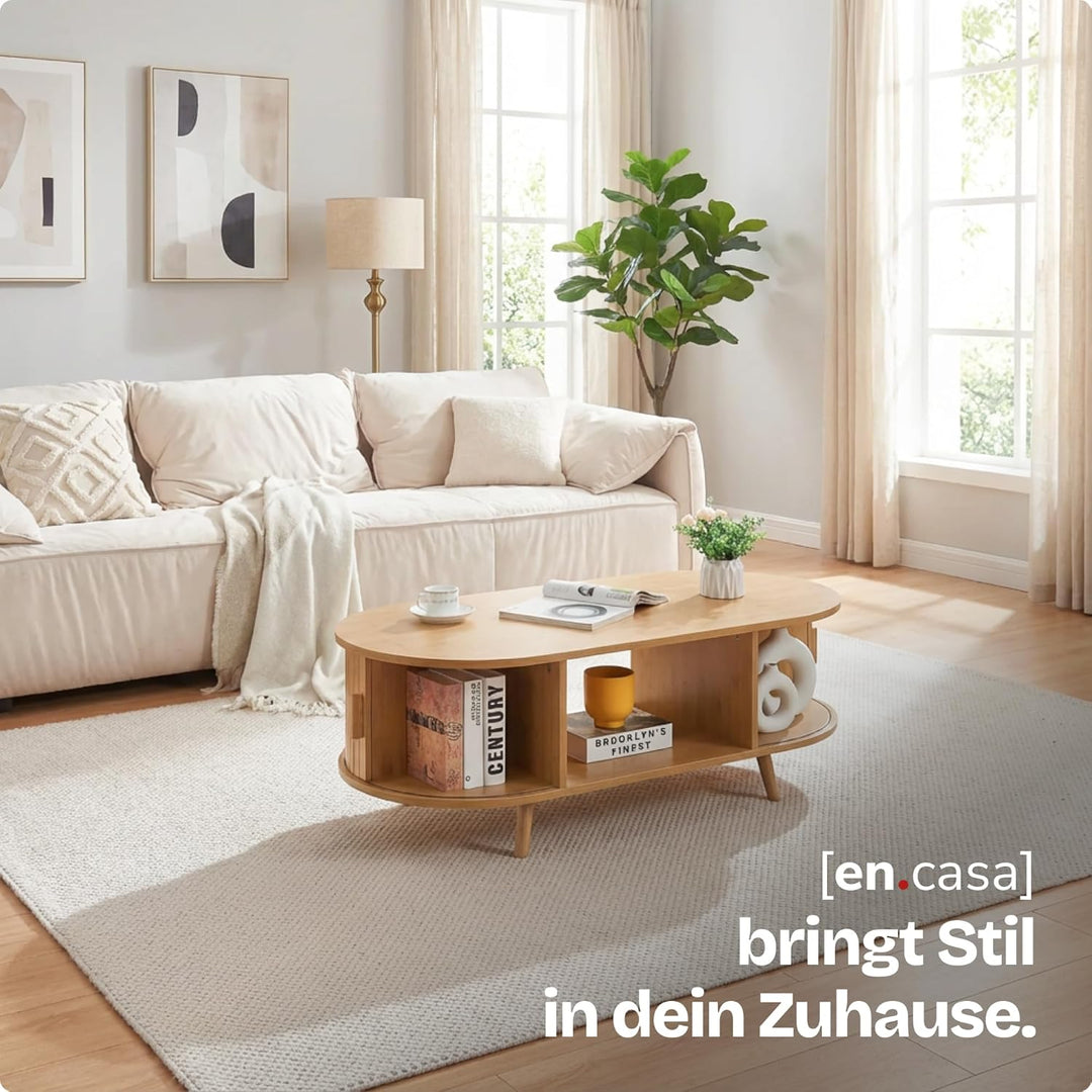 [en.casa] Couchtisch Nordkapp Wohnzimmertisch mit 2 Schiebetüren Bambus Sofatisch mit Stauraum Kaffe